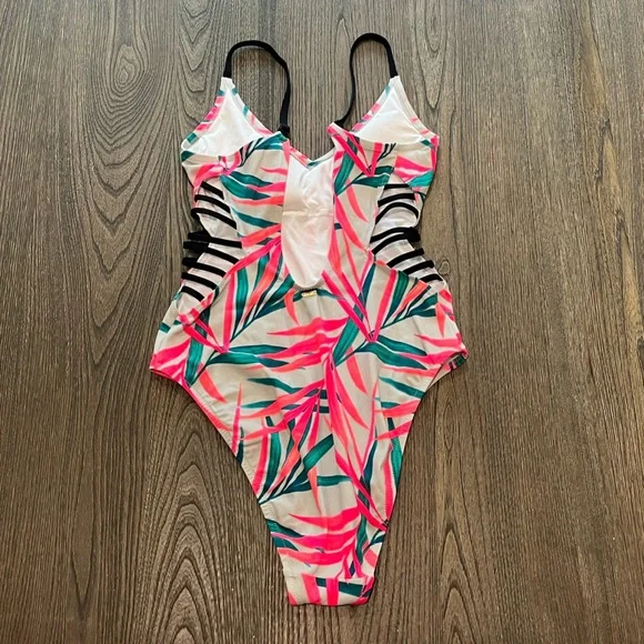 Victoria's Secret Pink Green Pink Tropical Leaf One Piece Swimsuit Size L - Picture 4 of 4